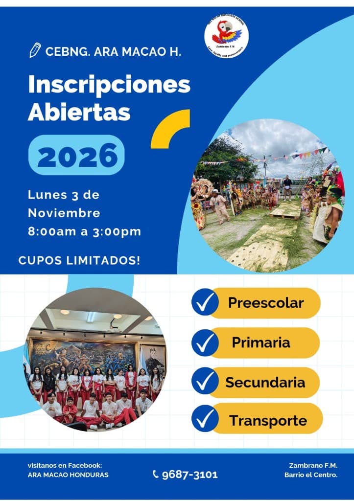 Volante de inscripciones abiertas 2026 de CEBNG Ara Macao Honduras